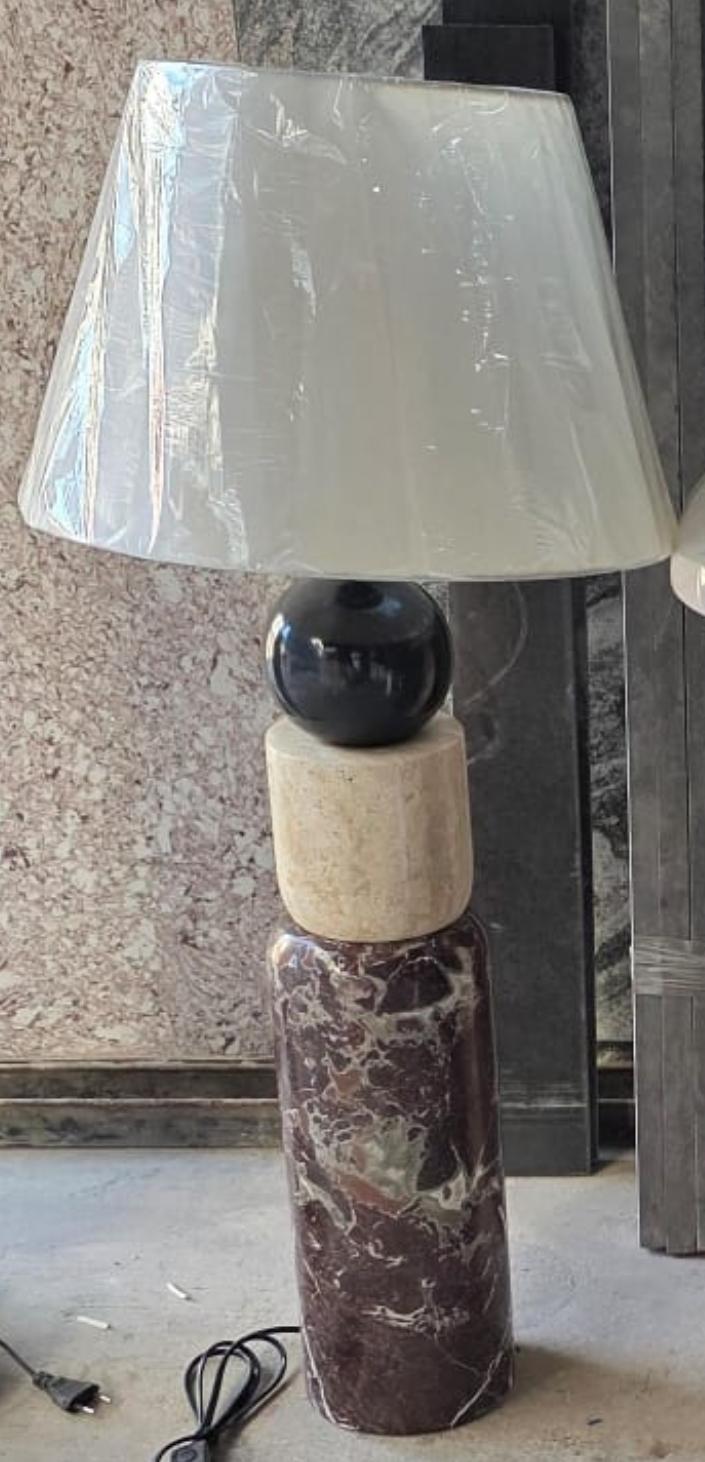Mixed stone table lamp with red marble base travertine and black sphere Al-Hamd