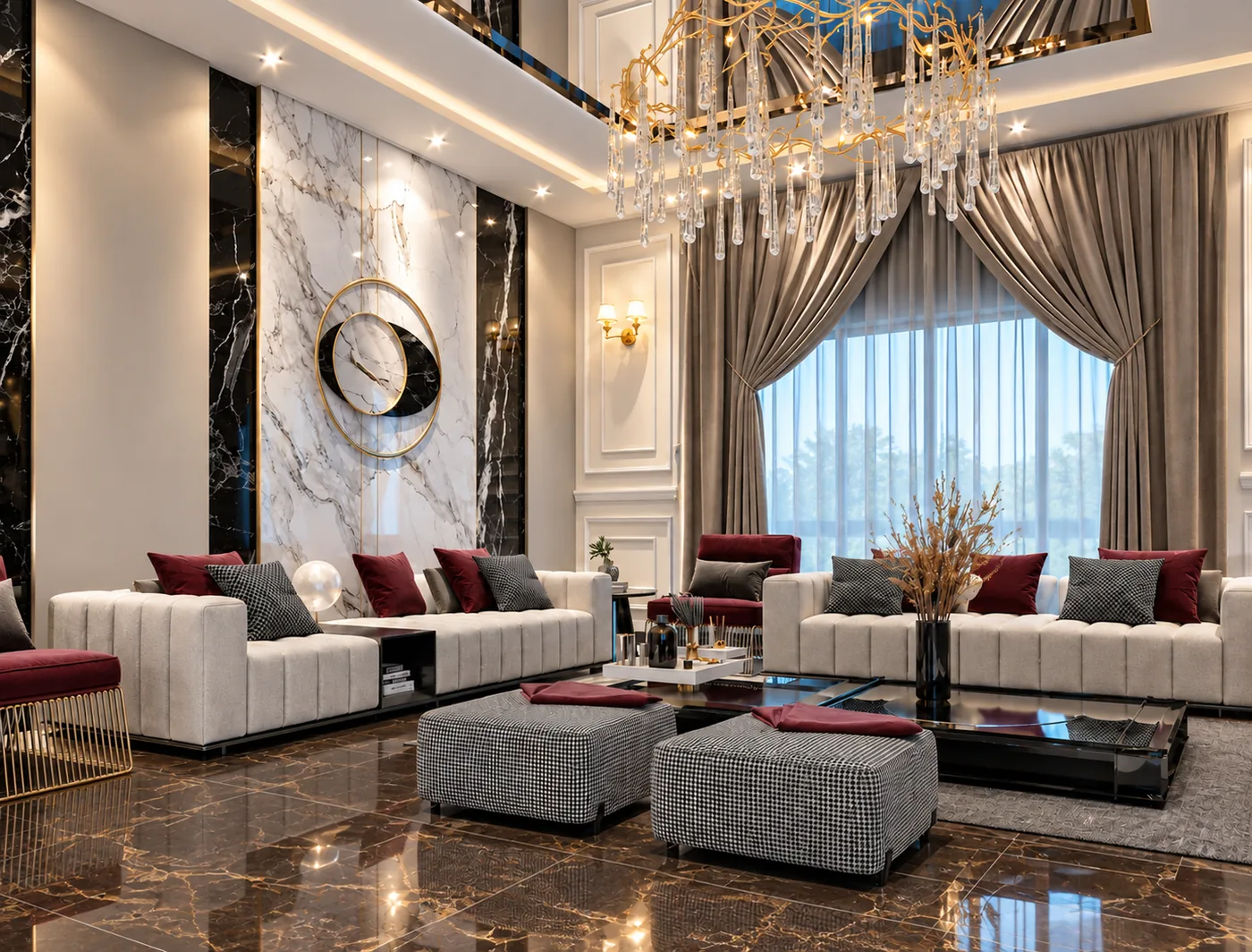 A Karachi living room floored in Petra Brown marble, shown in the Al-Hamd visualizer